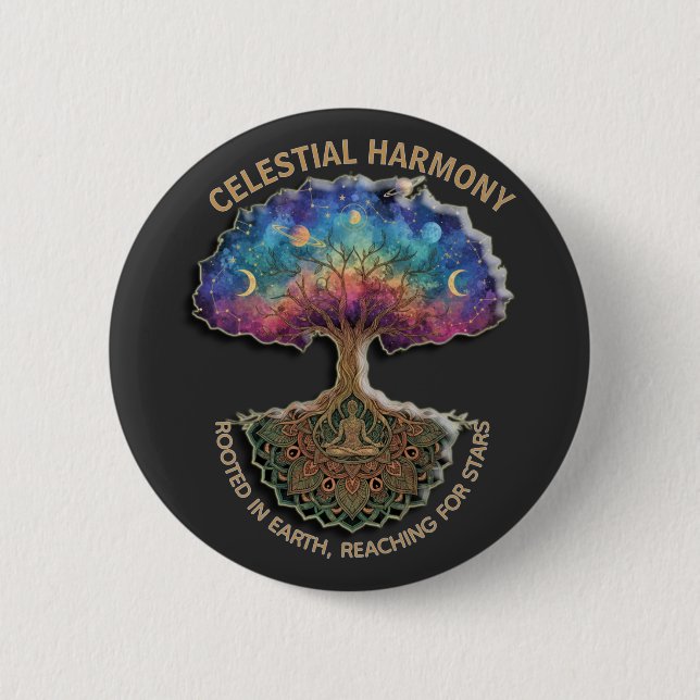 Macaron Rond 5 Cm Celestial Harmony Tree | Cosmic Meditation Mandala (Devant)