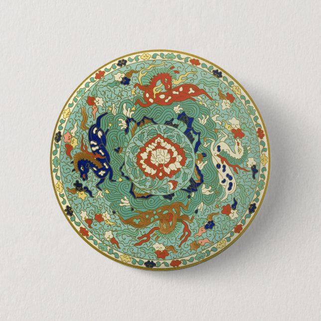 Macaron Rond 5 Cm Cercle chinois antique bleu vert (Devant)