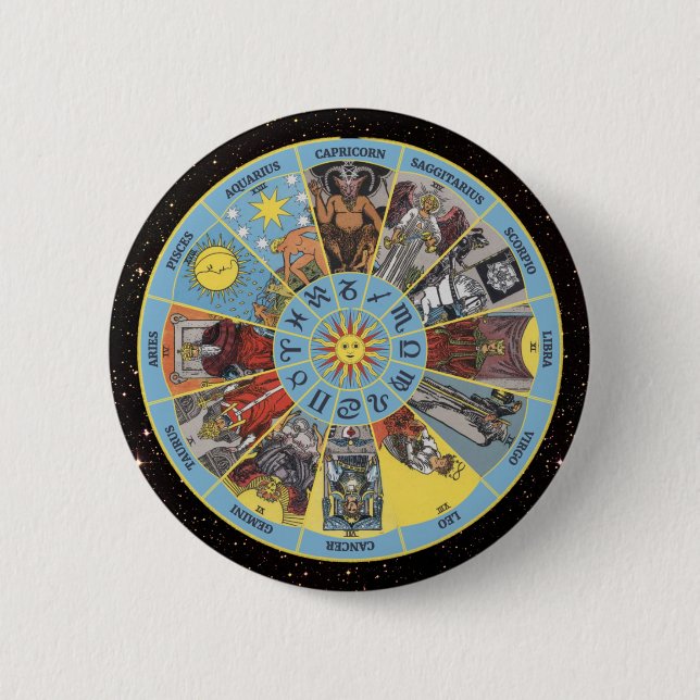Macaron Rond 5 Cm Cercle Zodiac avec Symboles Astrologiques et Carte (Devant)