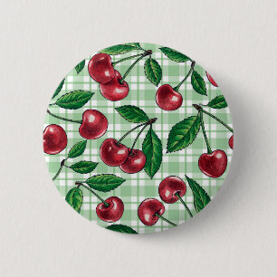 Macaron Rond 5 Cm Cerises rouges sur en vichy vert clair