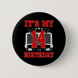 Macaron Rond 5 Cm C'est mon 14e anniversaire Thème de hockey sur gla