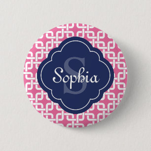 Macaron Rond 5 Cm Chaîne Carré rose Motif bleu Monogramme