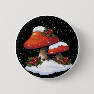 Macaron Rond 5 Cm Champignons rouges de Noël, neige, houx, art