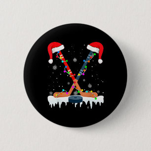 Macaron Rond 5 Cm Chapeau de Noël Hockey Santa Lumières Sport Amusan