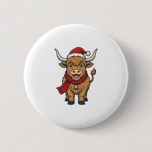 Macaron Rond 5 Cm Chapeau de Santa Cow Highland Noël Vintage Vector_