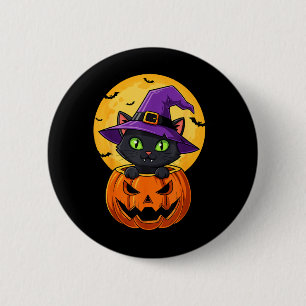 Macaron Rond 5 Cm Chapeau de sorcière chat noir mignon dans citrouil