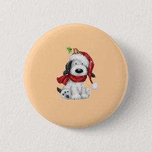 Macaron Rond 5 Cm Charmant chien de Noël avec chapeau de Père Noël &