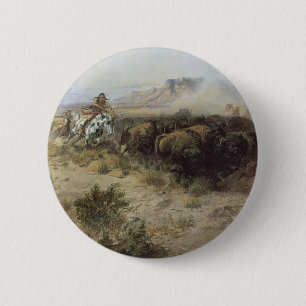 Macaron Rond 5 Cm Chasse au bison no 26 par CM Russell, Indiens Vint