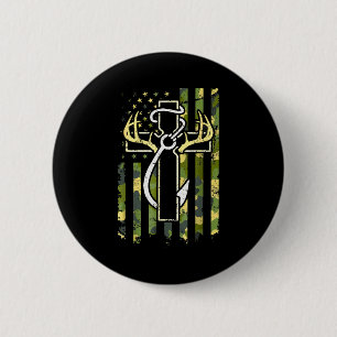 Macaron Rond 5 Cm Chasse Pêche Foi Croix Cerf Bois Américain
