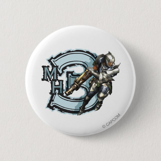 Macaron Rond 5 Cm Chasseur homme avec Bowgun, Armure d'acier (Devant)