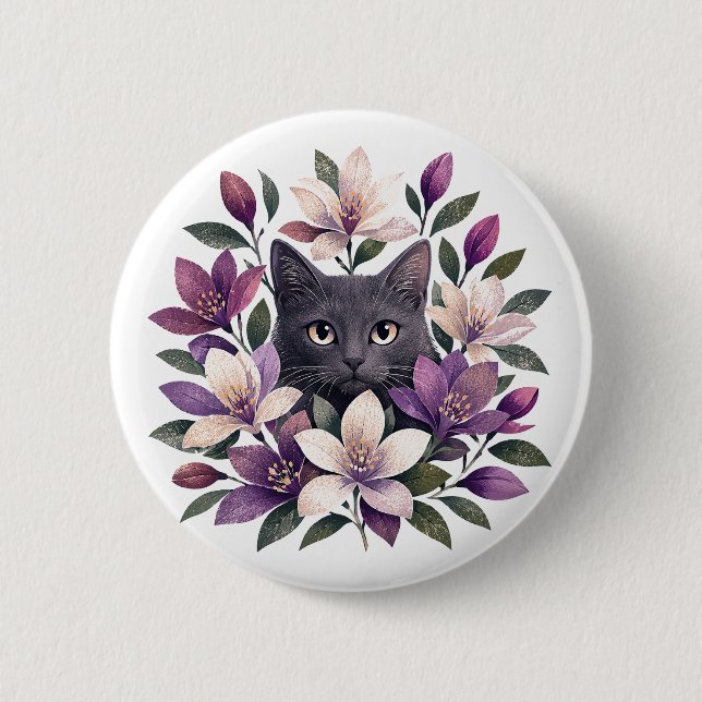 Macaron Rond 5 Cm Chat avec des fleurs (Devant)