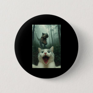 Macaron Rond 5 Cm Chat blanc drôle selfie avec T-rex dinosaure, chat
