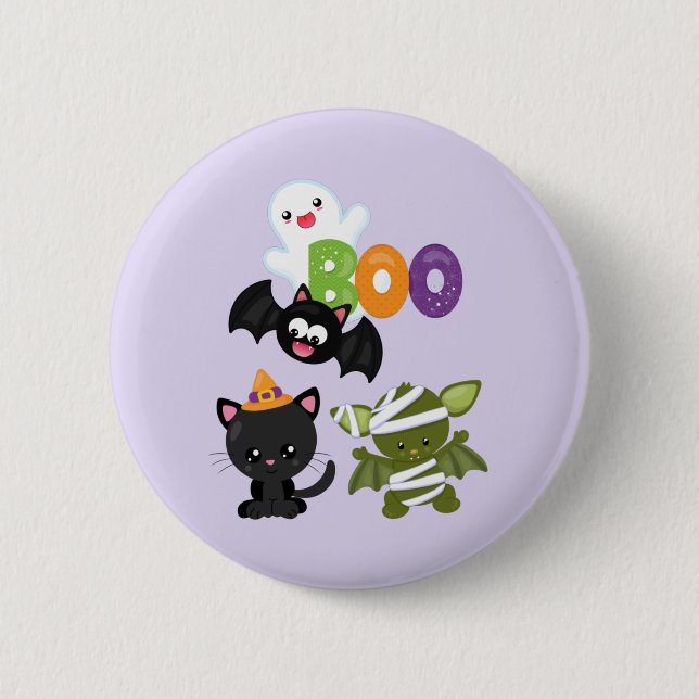 Macaron Rond 5 Cm Chat de Cute Halloween, bat, mummy et ghost (Devant)