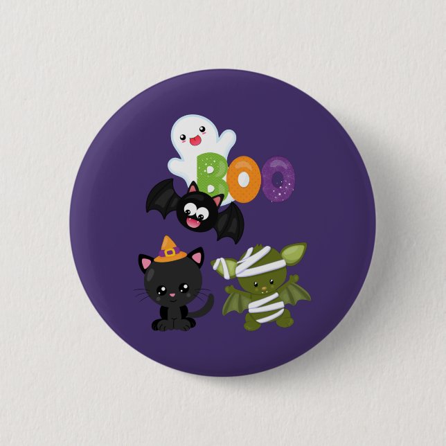 Macaron Rond 5 Cm Chat de Cute Halloween, bat, mummy et ghost (Devant)