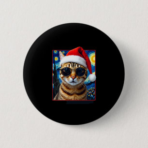 Macaron Rond 5 Cm Chat de Noël orange tabby nuit étoilée