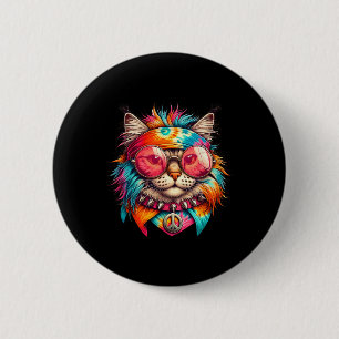 Macaron Rond 5 Cm Chat de Paix Psychédélique Hippie colorée Retro Su