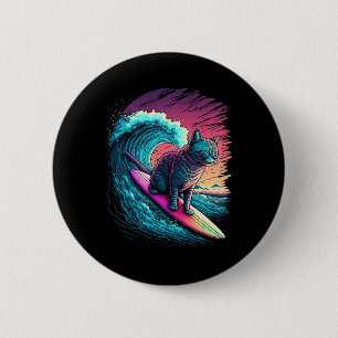 Macaron Rond 5 Cm Chat de surf vintage 80s Vaporwave Synthwave Rétro