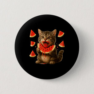 Macaron Rond 5 Cm Chat drôle mangeant une tranche de pastèque Jour d