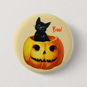Macaron Rond 5 Cm Chat en Citrouille Bouton d'Halloween Vintage