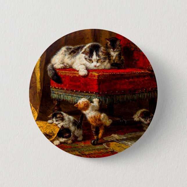 Macaron Rond 5 Cm Chat et chatons jouant avec une chaise (Devant)
