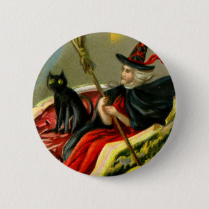 Macaron Rond 5 Cm Chat et sorcière vintage d'Halloween noir