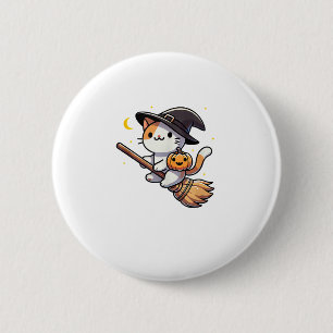 Macaron Rond 5 Cm Chat Funny Sorcière Halloween Costume Broom Sticks