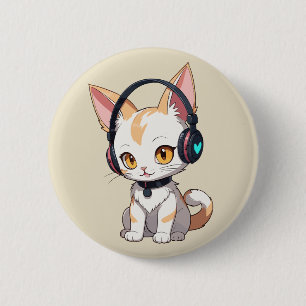 Macaron Rond 5 Cm Chat Kawaii avec casque à balancier
