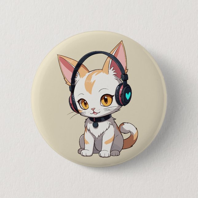 Macaron Rond 5 Cm Chat Kawaii avec casque à balancier (Devant)