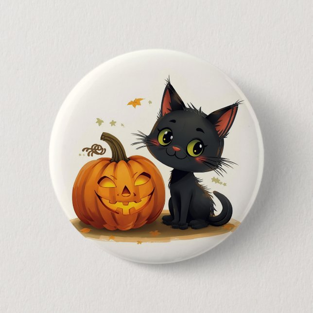 Macaron Rond 5 Cm Chat mignon avec Citrouille sculpté (Devant)