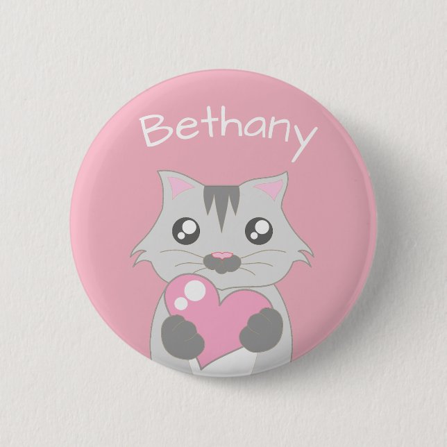Macaron Rond 5 Cm Chat mignon tenant Coeur rose Enfants personnalisé (Devant)