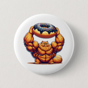 Macaron Rond 5 Cm Chat Musclé qui Soulève un Beignet