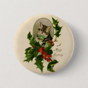 Macaron Rond 5 Cm Chat Noël Joyau Holly Kitten Art antique