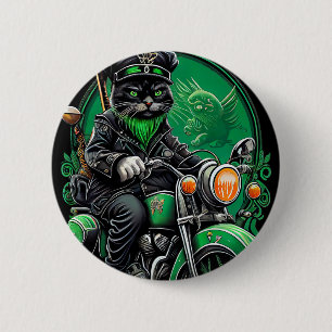 Macaron Rond 5 Cm Chat noir conduisant un vélo la Saint-Patrick