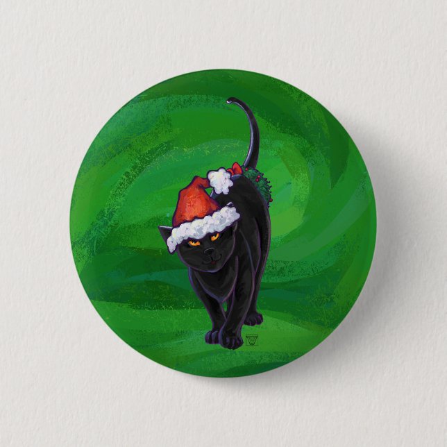 Macaron Rond 5 Cm Chat noir de Noël en vert (Devant)