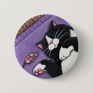Macaron Rond 5 Cm Chat noir de sommeil et souris de jouet - bouton