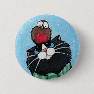 Macaron Rond 5 Cm Chat noir et Robin - bouton d'art de chat de Noël