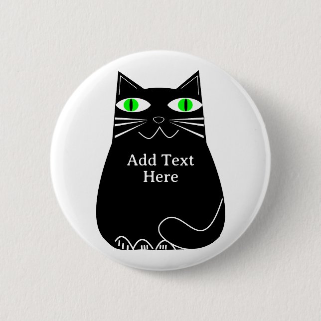 Macaron Rond 5 Cm Chat noir gras avec yeux verts Texte personnalisé (Devant)