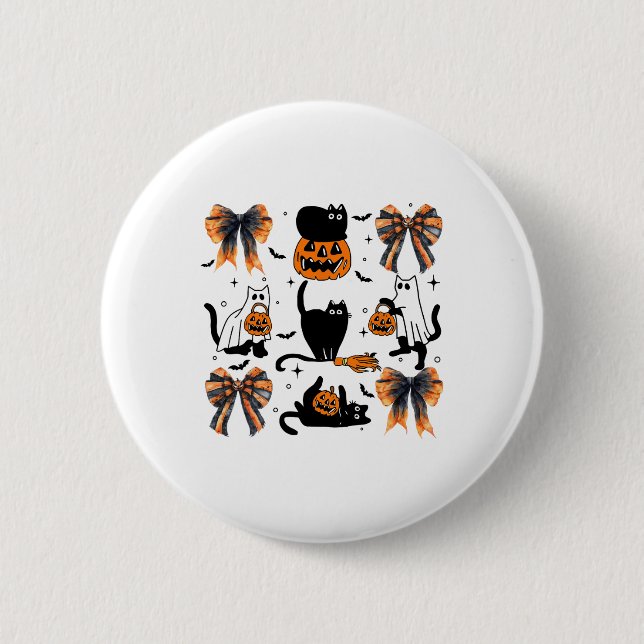 Macaron Rond 5 Cm Chat noir Halloween Coquette Bow Halloween Citroui (Devant)