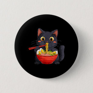 Macaron Rond 5 Cm Chat noir mangeant des nouilles Ramen style anime 
