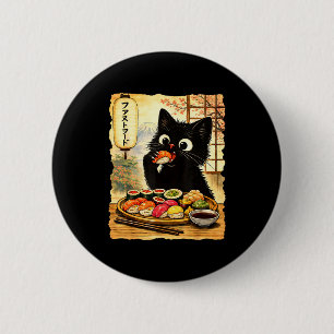 Macaron Rond 5 Cm Chat noir mignon mangeant des sushis kawaii nourri
