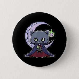 Macaron Rond 5 Cm Chat noir vampire Dracula et feu magique pour