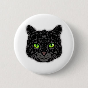 Macaron Rond 5 Cm Chat Noir Visage Aux Yeux Verts Animal à la Mode