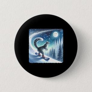 Macaron Rond 5 Cm Chat Snowboard Sur La Pente Froide. Neige