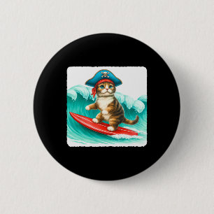 Macaron Rond 5 Cm Chat surfeur avec chapeau de pirate sur planche de