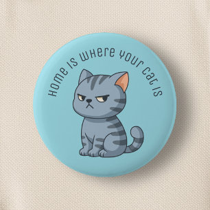 Macaron Rond 5 Cm Chat tabby gris grincheux Texte personnalisé Bleu