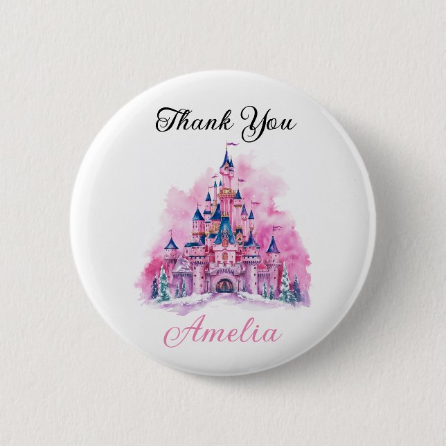 Macaron Rond 5 Cm Château rose Aquarelle 1er Anniversaire Merci (Devant)