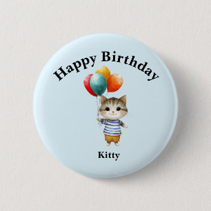 Macaron Rond 5 Cm Chaton avec ballons d'anniversaire Célébration d