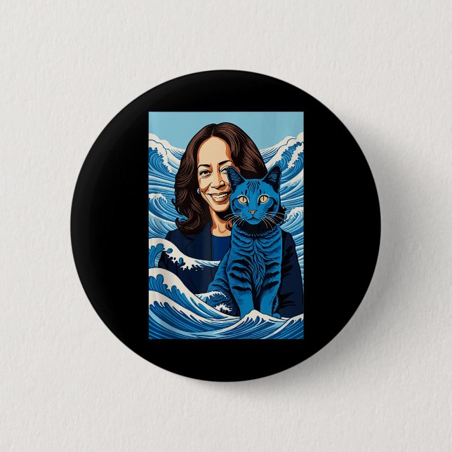 Macaron Rond 5 Cm Chats Bleus Vague Pour Kamala Funny Kamala Harris  (Devant)