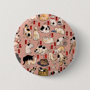 Macaron Rond 5 Cm Chats japonais Ukiyo-e Funny