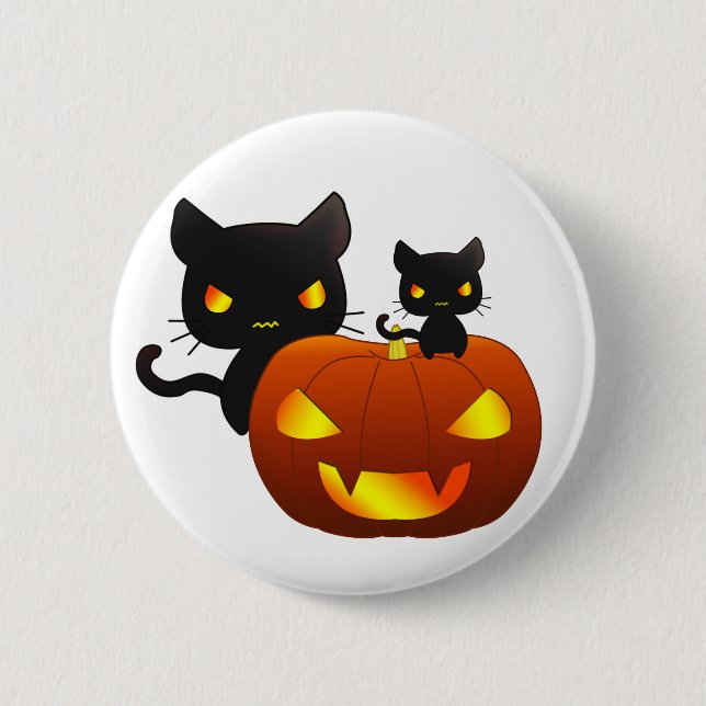 Macaron Rond 5 Cm Chats noirs de Kawaii et citrouille de Halloween (Devant)